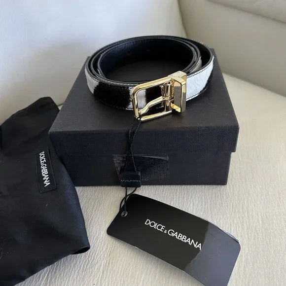 NEW Dolce & Gabbana Brown White Zebra Pony Hair Gold Buckle Women's Belt 90 Cm - Picture 2 of 10